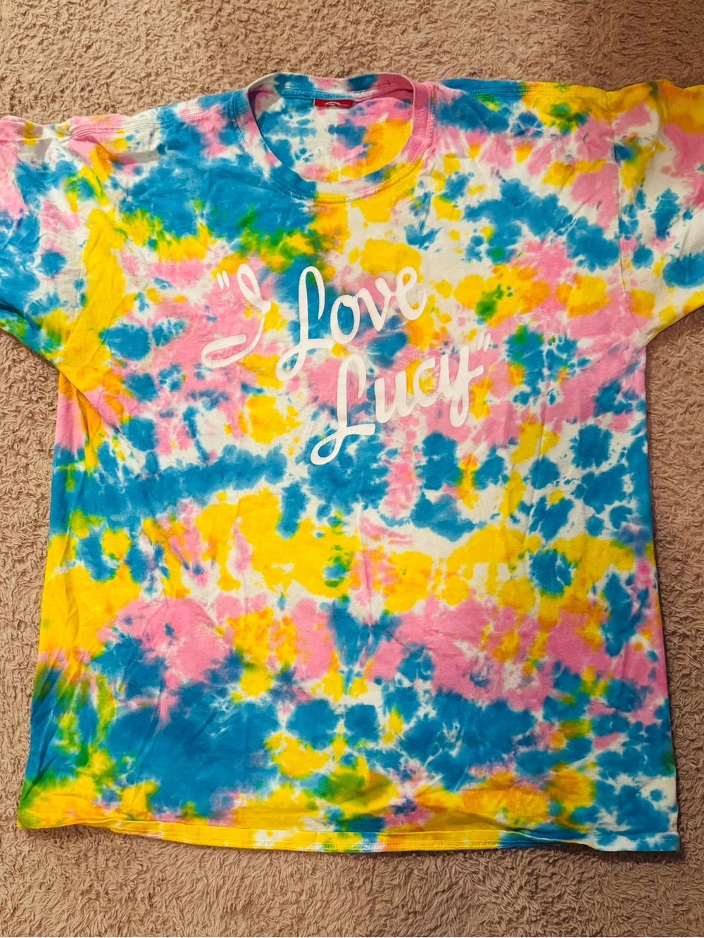 “I Love Lucy” Tie-Dye Tee in Pink, Blue & Yellow